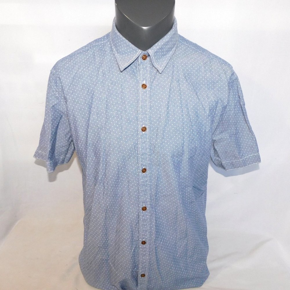 Point Zero Black Label Blue Polka Dot Short Sleeve Button Front Shirt Mens L